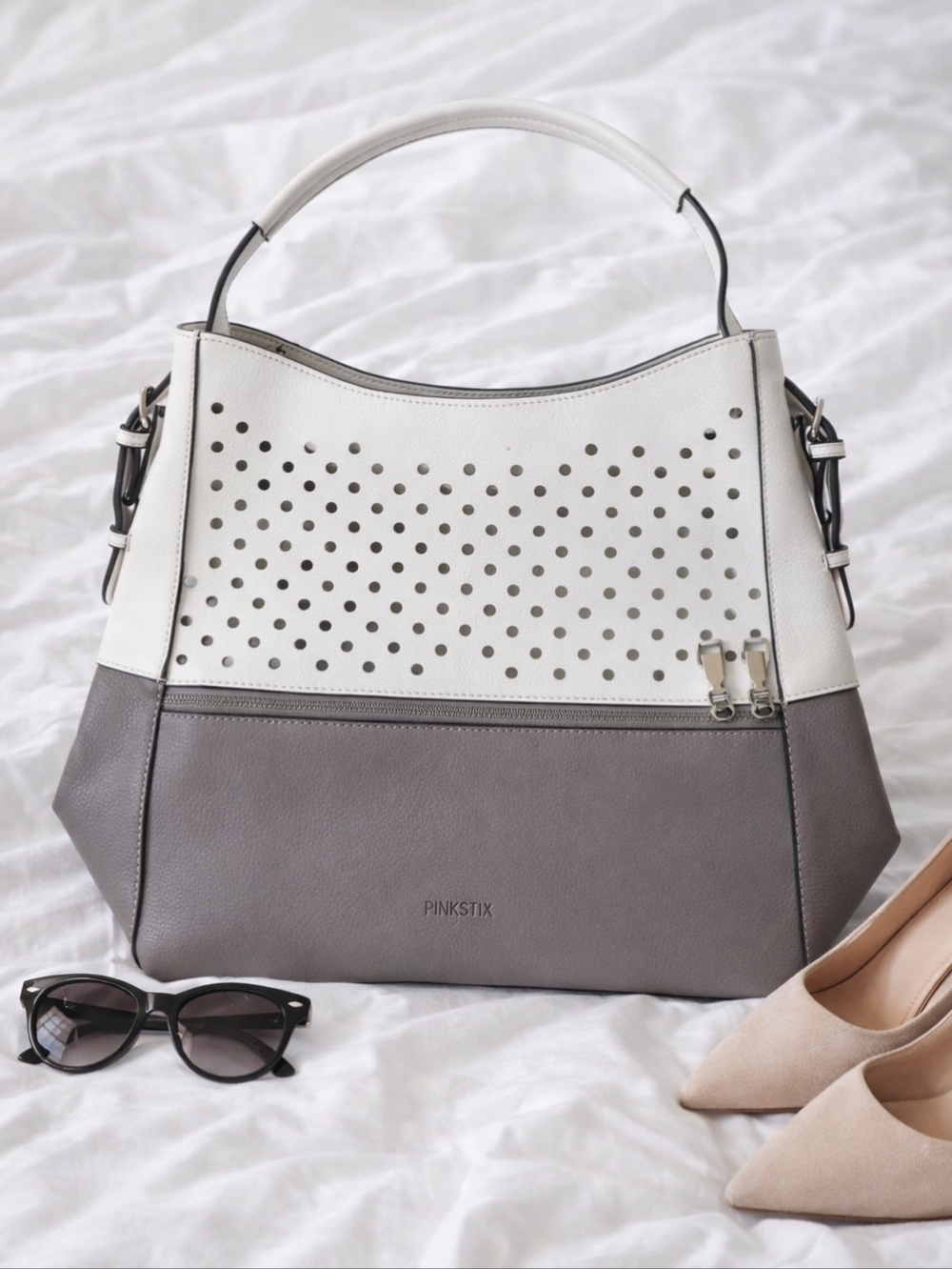Pinkstix White Grey Perforated Tote Vegan Leather Minimalist Shoulder Bag Chic